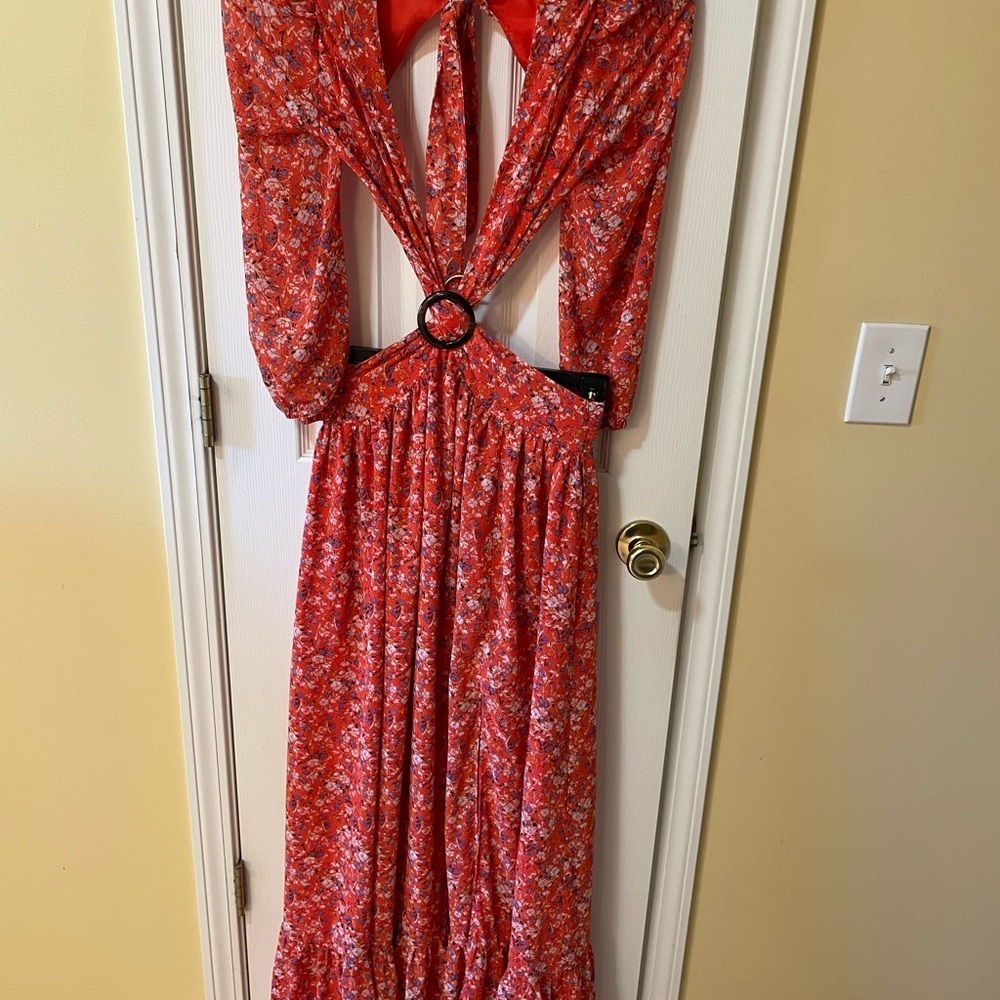 Pink Lily Size Small Red Floral Open Back Maxi Dress Ring Detail Long Sleeve 🌺🔥